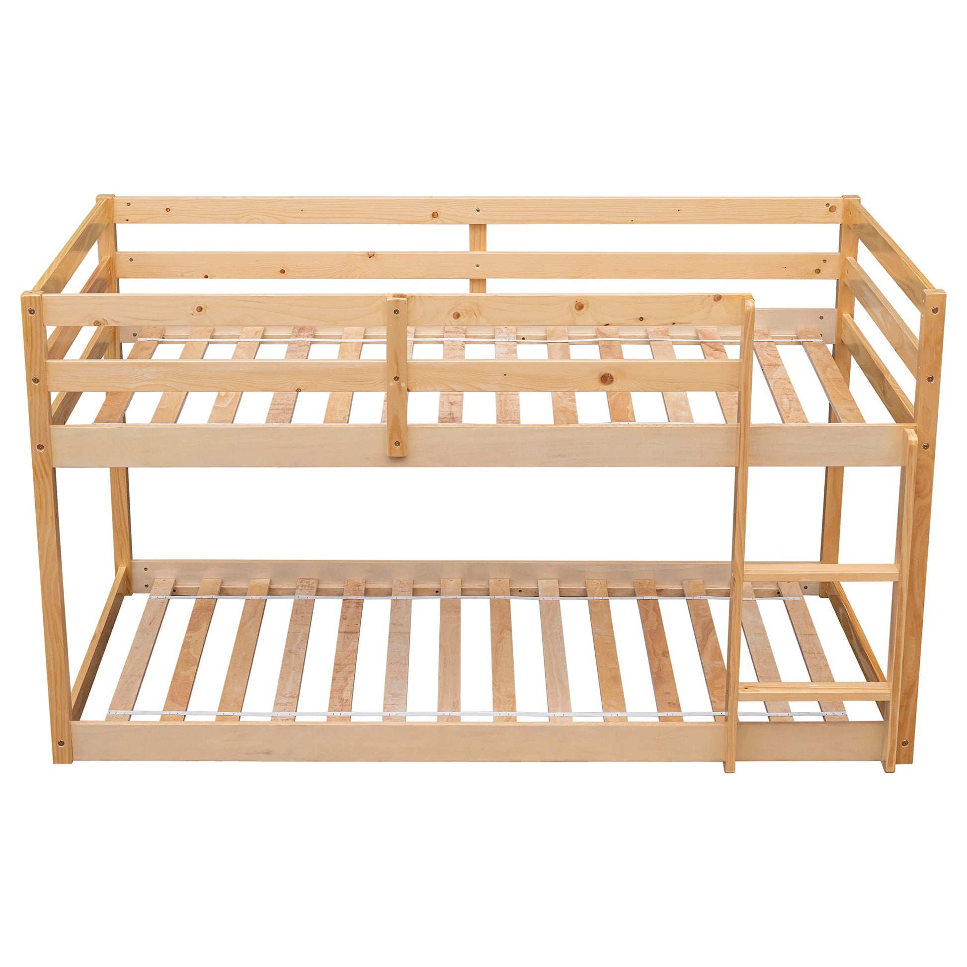 Low Profile Twin Over Twin Solid Wood Bunk Bed Frame for Kids in Natural Finish - WoodArtSupply