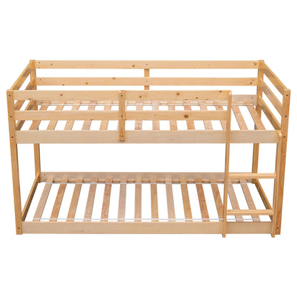 Low Profile Twin Over Twin Solid Wood Bunk Bed Frame for Kids in Natural Finish - WoodArtSupply