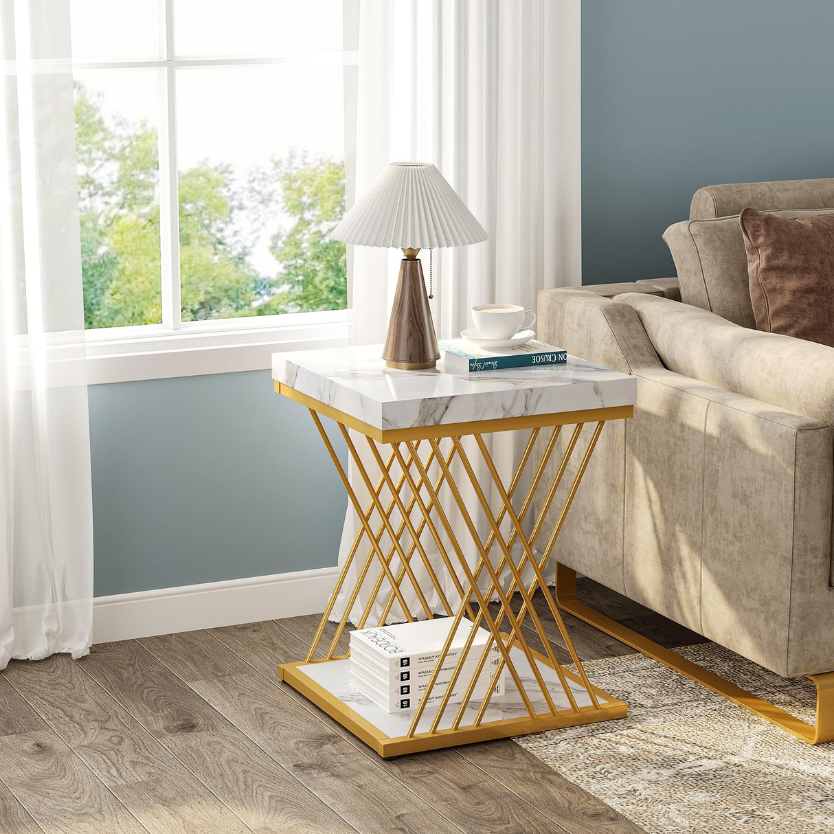Tribesigns Square End Table White Gold 2-Tier Side Table Modern Small Bedside Table with Storage for Couch, Sofa Side Table with Stylish Metal Frame for Living Room (2, Faux Marble White+Gold) Tribesigns
