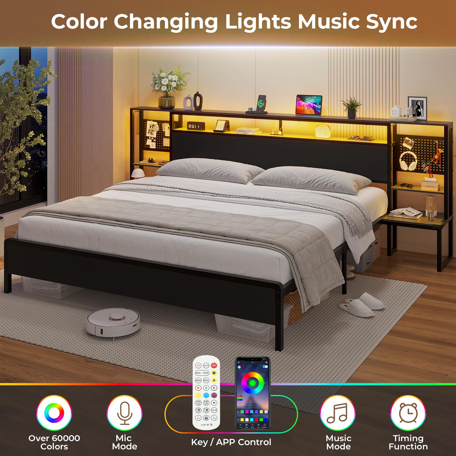 HAUOMS King Size Bed Frame with Smart LED Lights, Charging Station, and Storage Headboard in Black - WoodArtSupply