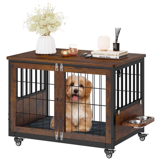 YITAHOME Dog Crate Furniture with Feeder Bowls, 31.4" Dog Kennel End Table with Wheels and Flip Top, Heavy Duty Dog Kennel for Small/Medium Dogs, Brown - WoodArtSupply