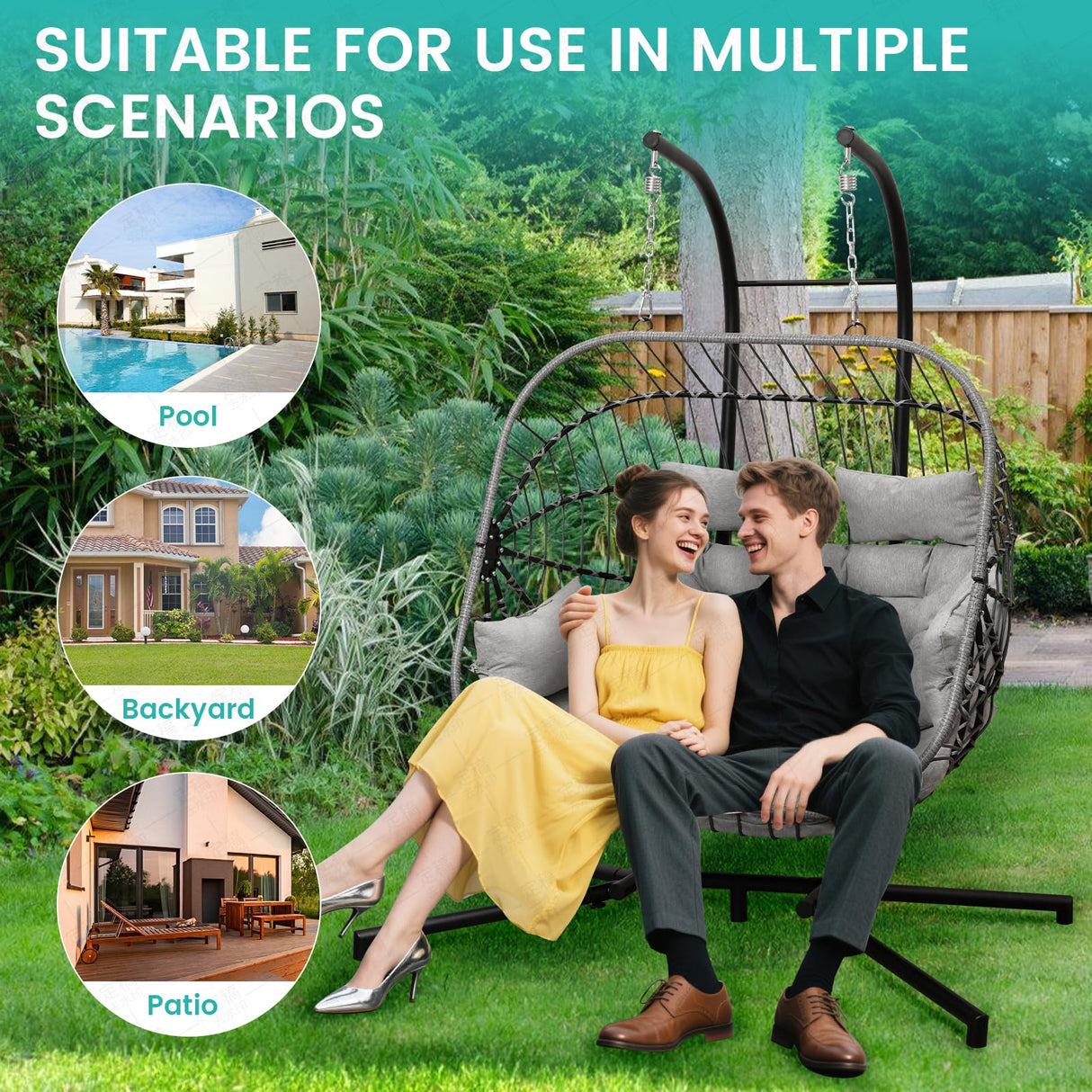 Double Egg Swing Chair with Stand Patio Rattan Wicker Hammock Chairs Outdoor Indoor Egg Swing Chair with Cushion Headrest 550 Lbs Capacity for Bedroom Balcony Garden Porch Backyard, Grey Olaterior