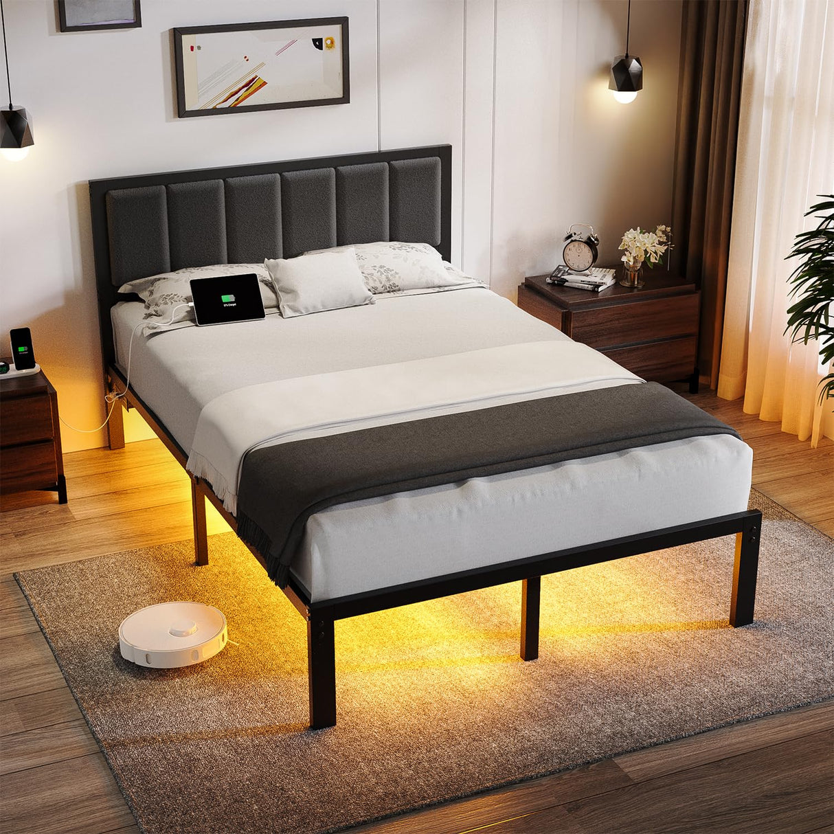 OLEVS Full Bed Frame with Headboard Metal Platform Bed Full Size with USB Charging Station and LED Lights, No Box Spring Needed OLEVS