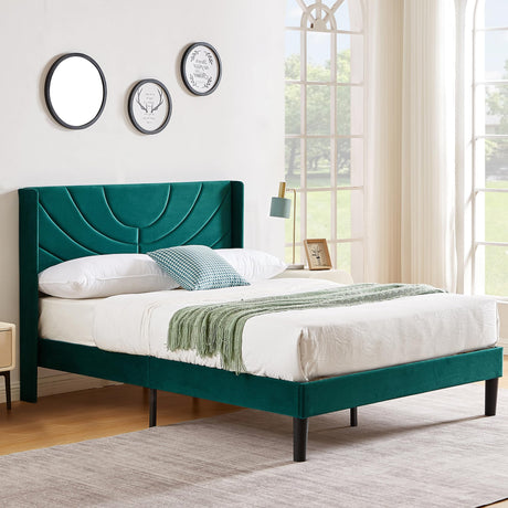 VECELO Dark Green Upholstered Queen Size Platform Bed Frame with Stylish Headboard and Wooden Slats – No Box Spring Needed VECELO