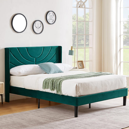 VECELO Dark Green Upholstered Queen Size Platform Bed Frame with Stylish Headboard and Wooden Slats – No Box Spring Needed - WoodArtSupply