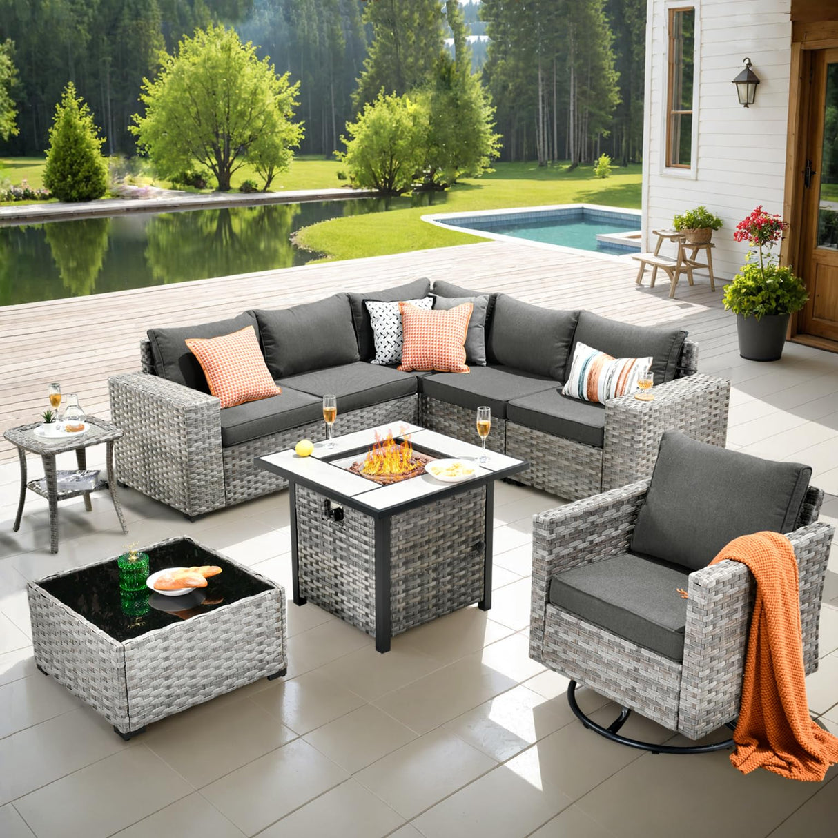 ovios 9 Pieces Patio Furniture Set, Outdoor Wicker Sectional Sofa with 30" Fire Pit Table Swivel Chair, Modern Modular Deep Seat Rattan Couch Conversation Sets, Black ovios