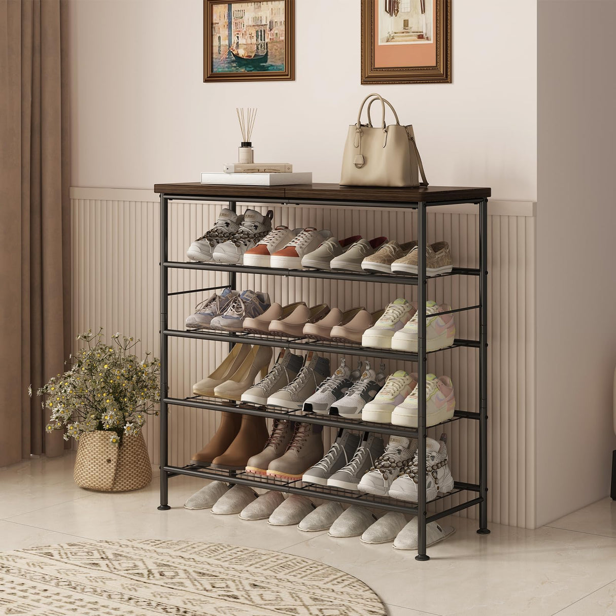 SUOERNUO Shoe Rack Organizer 5 Tier for Closet Entryway Free Standing Metal Storage Shoe Shelf with MDF Top Board，Black+Rustic Brown SUOERNUO