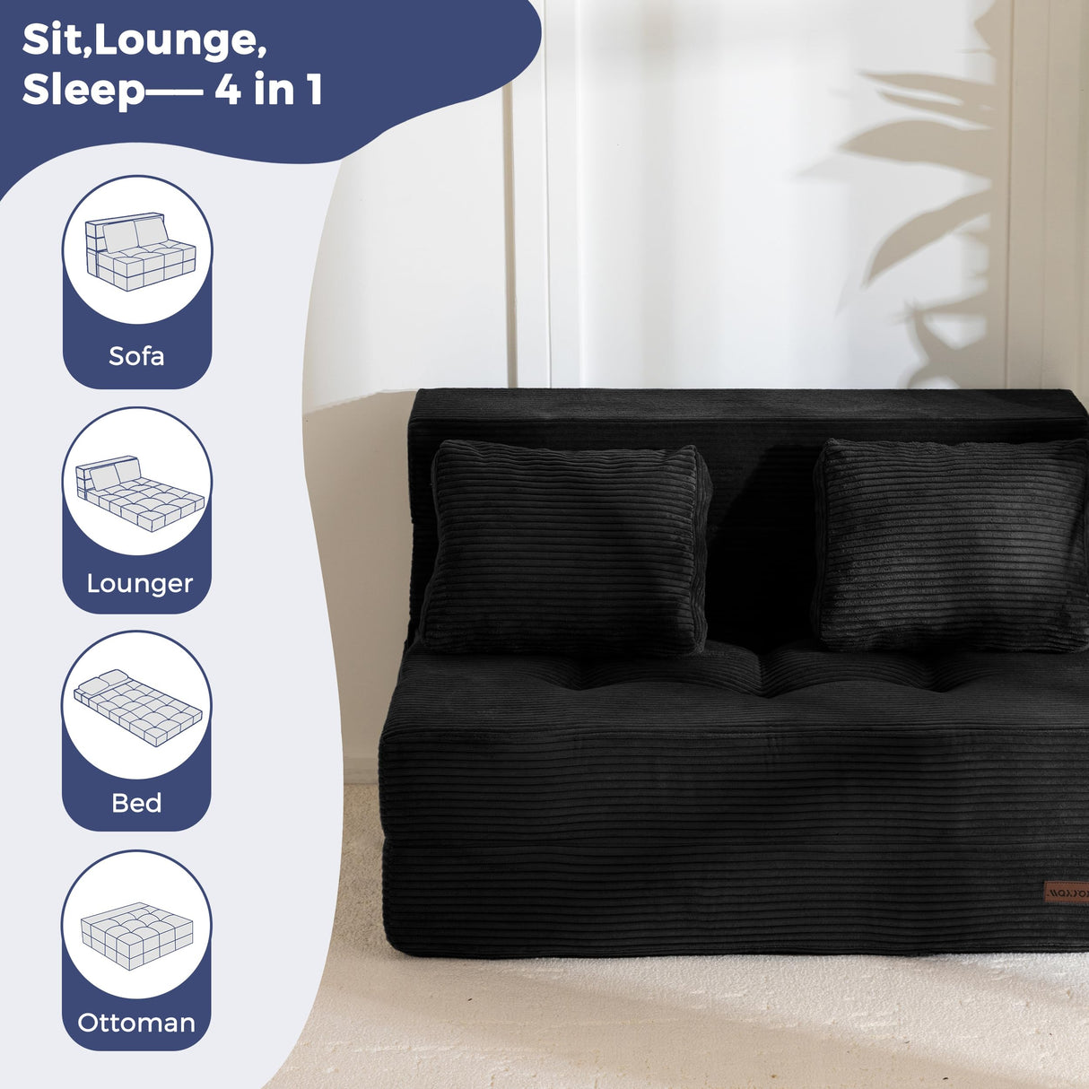 MAXYOYO Convertible Sofa Bed, Fold Out Loveseat Sleeper Sofa with Pillow, 4 in 1 Tufted Folding Couch Bed Foam Floor Couch, Lazy Chair for Living Room Bedroom Guest Room, Black MAXYOYO