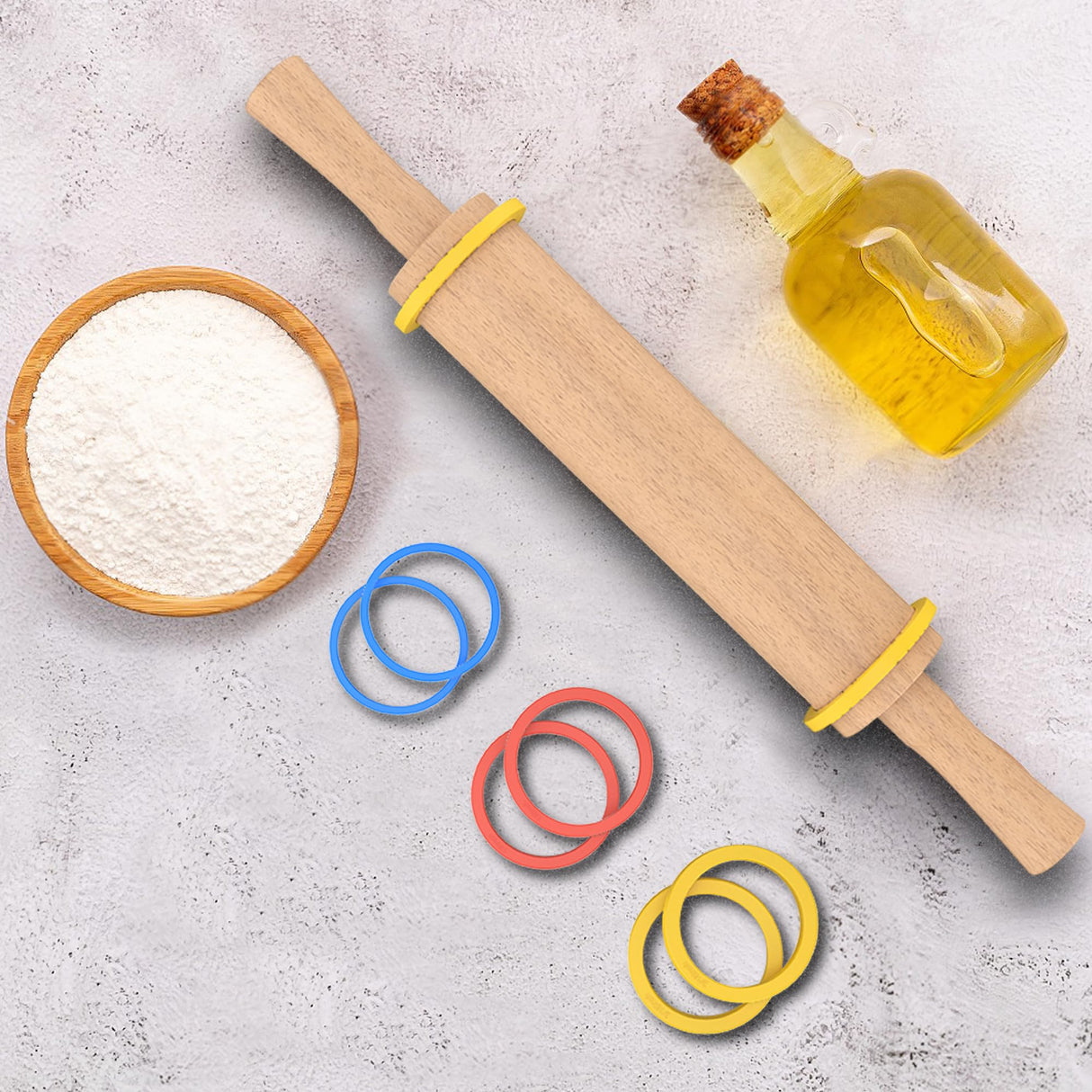 Mepple Classic Wooden Rolling Pin with Handle and Pastry Mat for Fondant, Pizza, Pies, Cookies, Rolling Pin for Baking with 3 Multi-Color Thickness Rings, 17" x 2.5" Natural Beechwood Rolling Pin Mepple
