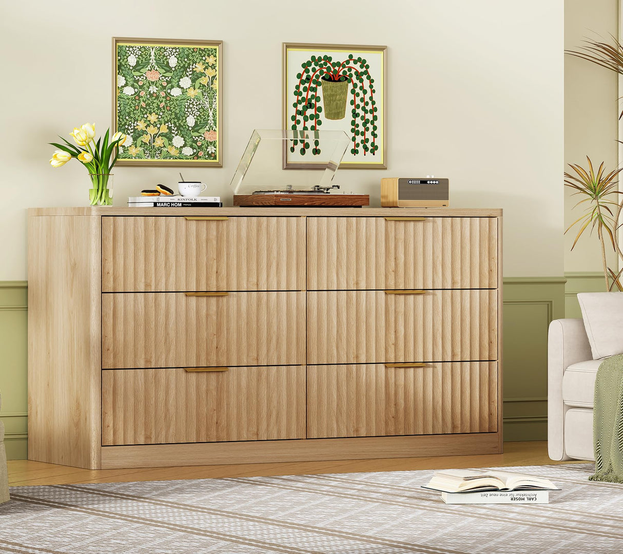 TEENFON Fluted 6 Drawer Dresser for Bedroom, Wide Modern Chest of Drawers with Metal Handle, Curved Profile Design, Wood Closet Clothes Storage Organizer for Bedroom, Living Room, Hallway, Natural TEENFON