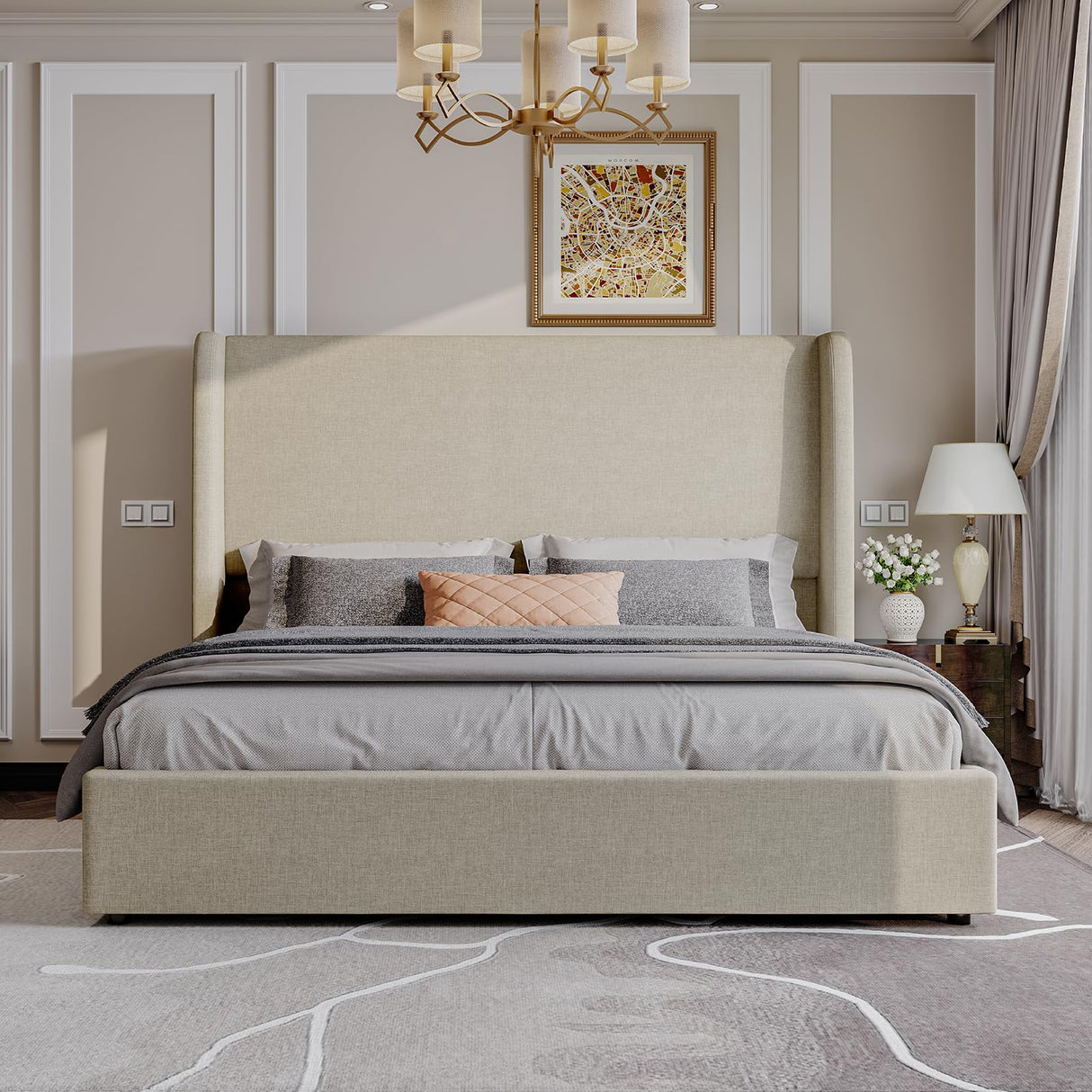 AMERLIFE Lift Up Storage Bed King Size Linen Upholstered Platform Bed Frame, Hydraulic Storage,Modern Wingback Headboard, No Box Spring Needed, Khaki AMERLIFE