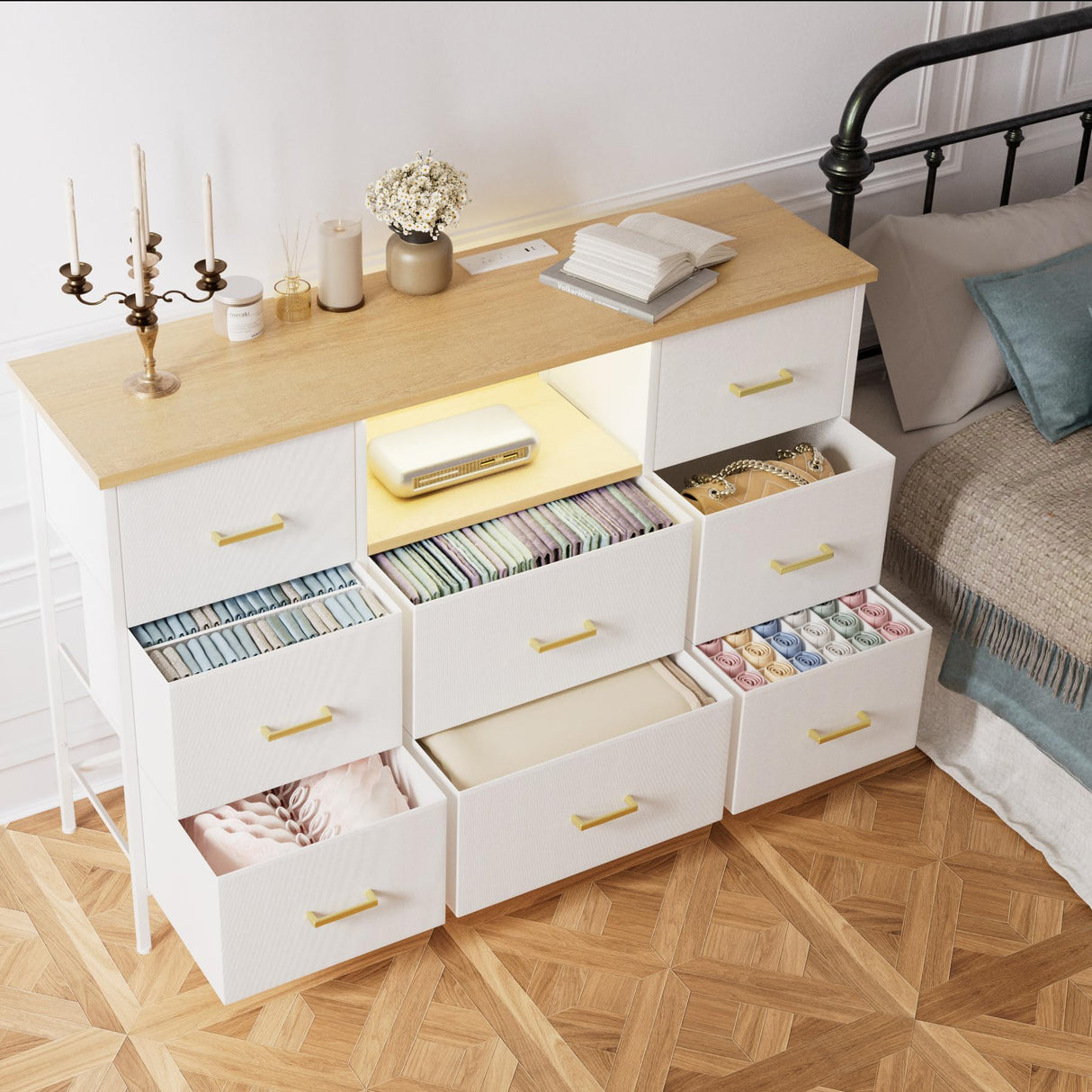 VASICAR White Dresser with LED Lights & Power Outlets, Dresser TV Stand with 8 Drawers for 55" TV, Fabric Chest of Drawers for Bedroom, Living Room, Entryway VASICAR