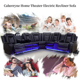 Power Recliner Sofa Sectional Couches with LED Light for Living Room,Leather Reclining Corner Sectional Sofa Set with 3 Recliner Seats,Cup Holder,Storage Console for House/Home Theater, Black Caberryne