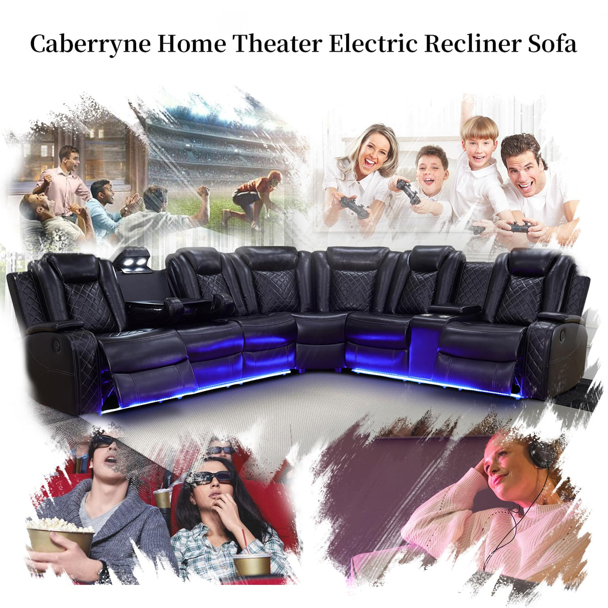 Caberryne Power Recliner Sofa Sectional Couch with LED Light for Living Room,Leather Reclining Corner Sectional Sofa with 2 Recliner Seats,Cup Holder,Storage Console for House/Home Theater, Black Caberryne