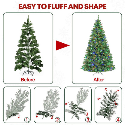 VIVATREES 6ft Prelit Christmas Tree, Artificial Chrismas Tree with 300 Multicolor LED Lights, Easy Assembly with Metal Stand and Hinged Branches, 551 PVC Branch Tips, 10 Color Modes