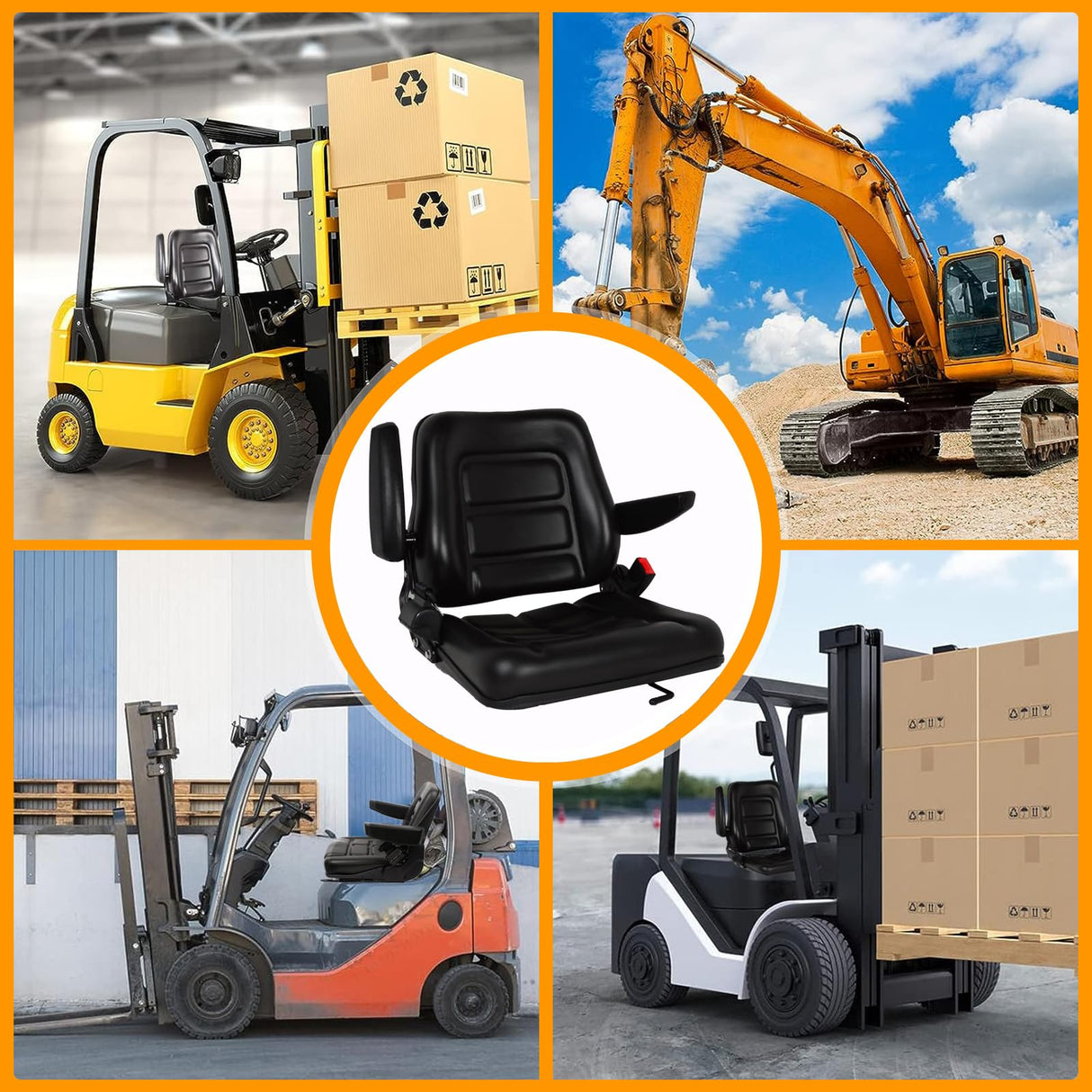 Universal Fold Down Forklift Seat Tractor Replacement Black PVC Mower with 180° Adjustable Backrest Angle, Armrests, Belt and Slide Fits Most Heavy Mechanical Tenqa