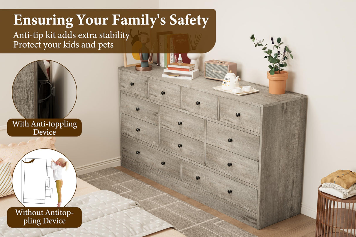 GarveeHome 12 Drawer Dresser for Bedroom, 61 Inch Wood Dresser with Power Outlet, Wide Chest of Drawers for Living Room, Hallway, Tall Dressers with Smooth Metal Rail, Large Storage, Antique Oak Garveehome