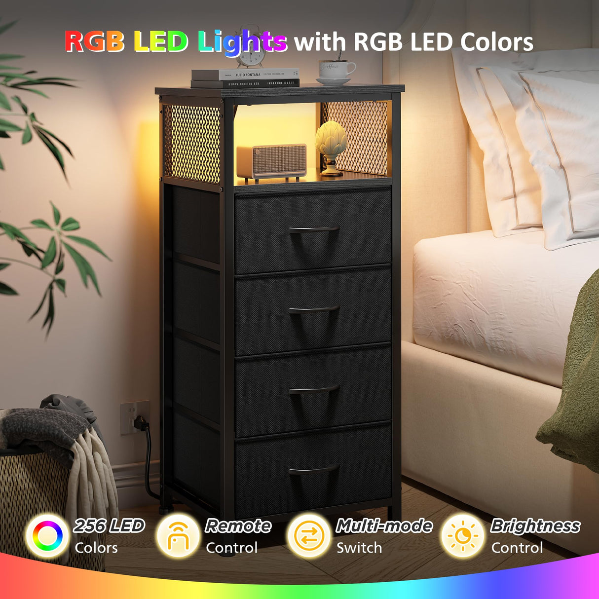 EnHomee Black Nightstand Set of 2,Night Stand with Charging Station & LED, Bedside Table with Fabric Drawers and Storage Shelf, Sturdy Steel Frame, Wood Top,Cloth Bags,Hooks EnHomee