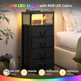 EnHomee Black Nightstand Set of 2,Night Stand with Charging Station & LED, Bedside Table with Fabric Drawers and Storage Shelf, Sturdy Steel Frame, Wood Top,Cloth Bags,Hooks EnHomee