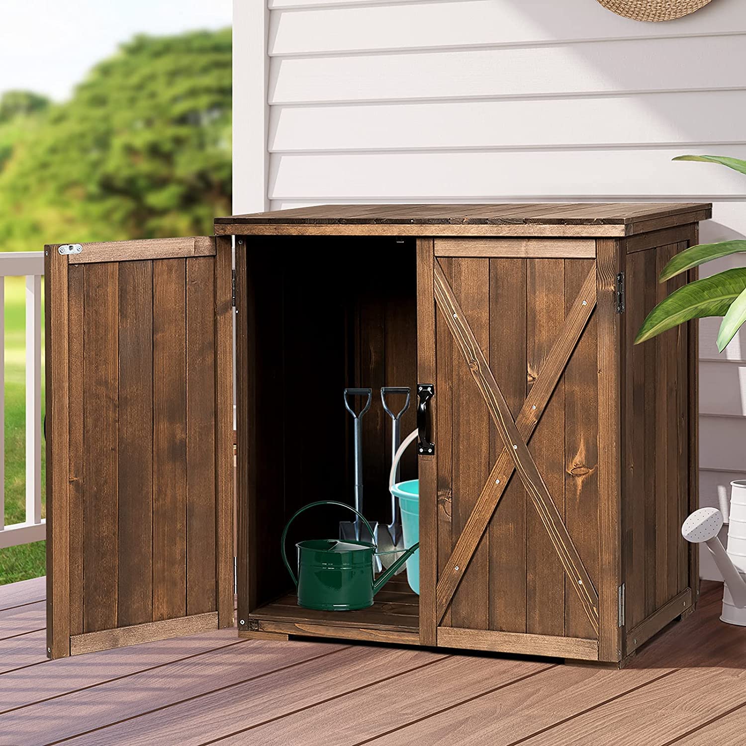 GRAFFY Garden Wooden Storage Shed, Compact Tool Cabinet with Doors and Handles, for Garden Yard Patio - WoodArtSupply