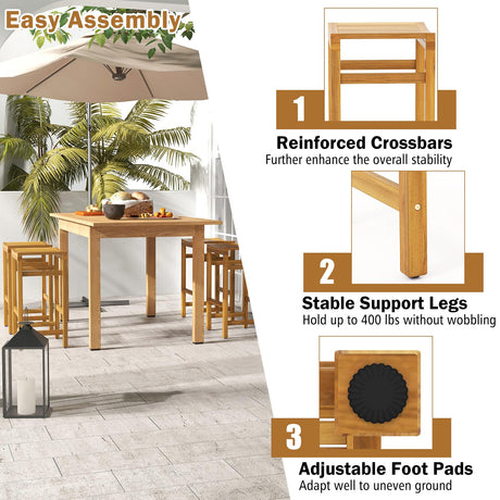 HAPPYGRILL Acacia Wood 5-Piece Outdoor Bar Set with Table and Saddle Stools HAPPYGRILL