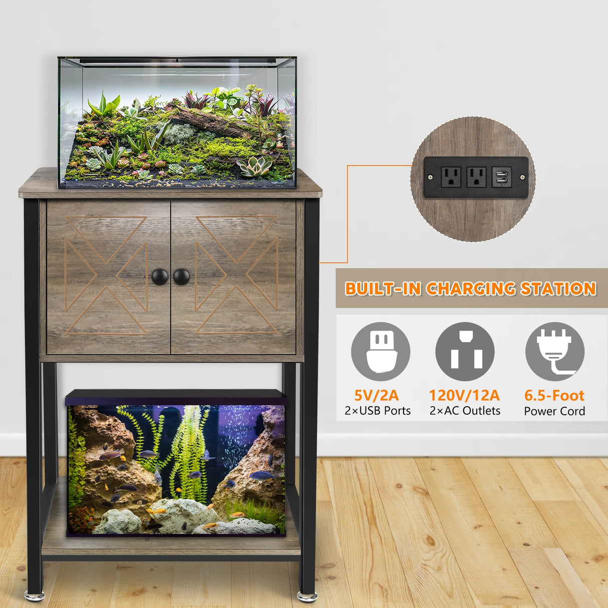 5-10 Gallon Fish Tank Stand, Heavy Duty Aquarium Stand with Cabinet & Power Outlets for Fish Tank Accessories Storage, Double Tank Stand 20.5" L* 11" W Tabletop, 220LBS Capacity, Grey BEURUKU