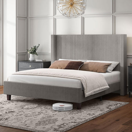 HOWE King Size Upholstered Platform Bed Frame, Wingback Bed with 50.8" Headboard, Corduroy/Solid Wood Leg/No Box Spring Needed/Noise Free/Taupe HOWE