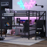 HRJHLucky Queen Size Loft Bed with L-Shaped Desk and Wardrobe, Metal Loft Bed with Wardrobe and Adjustable Shelf, LED Loft Bed with Charging Station for Kids,Teens and Adult (Queen) HRJHLucky