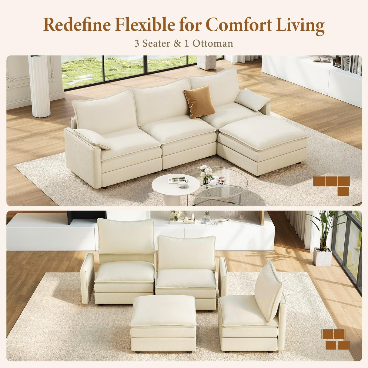 Vesgantti 108" Modular Sectional Sofa, Comfy Cloud Couch with Movable Ottoman Deep Seat Chenille L Shaped Modular Sofa, Sectional Couches for Living Room, Bedroom and Apartment, Beige Vesgantti