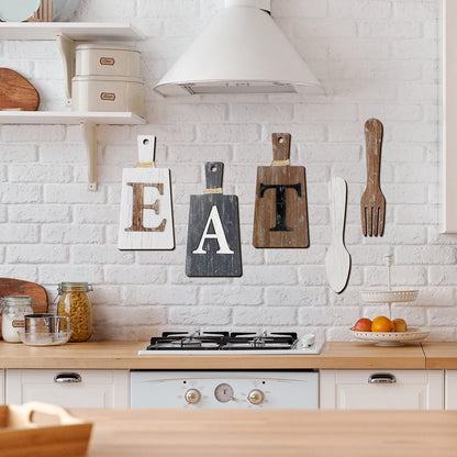 Jetec Cutting Board Eat Sign Set Hanging Art Kitchen Eat Sign Fork and Spoon Wall Decor Rustic Primitive Country Farmhouse Kitchen Decor for Kitchen and Home Decoration (Gray, White, Brown)