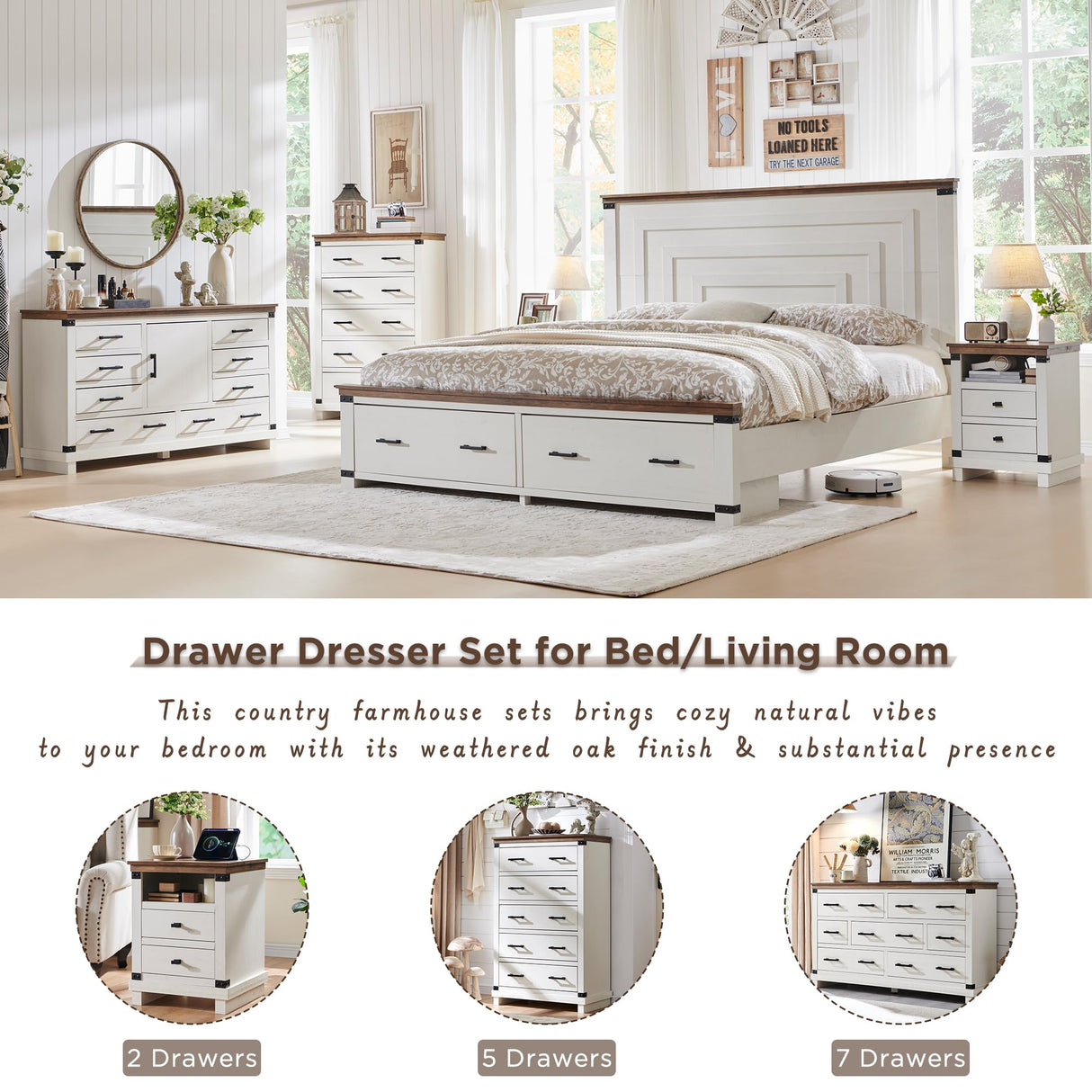 RedLemon Farmhouse 8 Drawers Dresser for Bedroom, Wood Large Chest of Drawers with Thick Plank, Rustic Dresser for Bedroom, Living Room, Antique White RedLemon