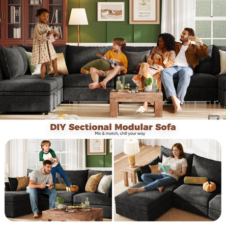 ABCASA Oversized Loveseat Sofa, Modern Modular Sectional Couch Black Fluffy Chenille Mid Century 2-Seat 24.5" Deep Seat for Apartment, Living Room, Bedroom ABCASA