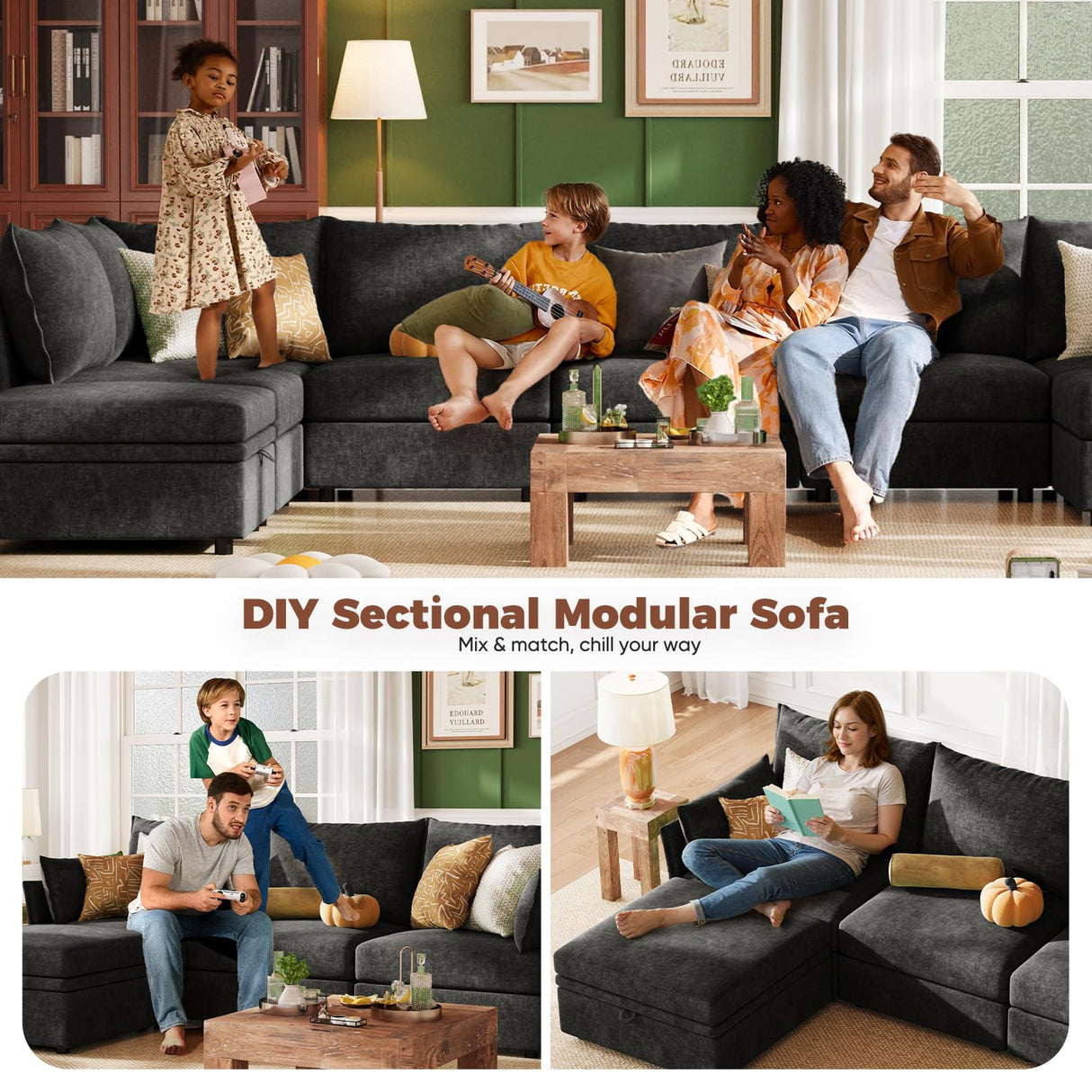 ABCASA Oversized Loveseat Sofa, Modern Modular Sectional Couch Black Fluffy Chenille Mid Century 2-Seat 24.5" Deep Seat for Apartment, Living Room, Bedroom ABCASA