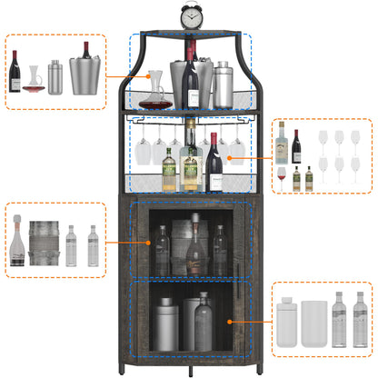 Corner Bar Storage Cabinet, Tall Wine Bar Cabinet with Removable Wine Rack & Barn Door & Adjustable Shelf, Home Bar Cabinet Corner Display Cabinet for Dining Room, Living Room, Kitchen (Dark Wood)