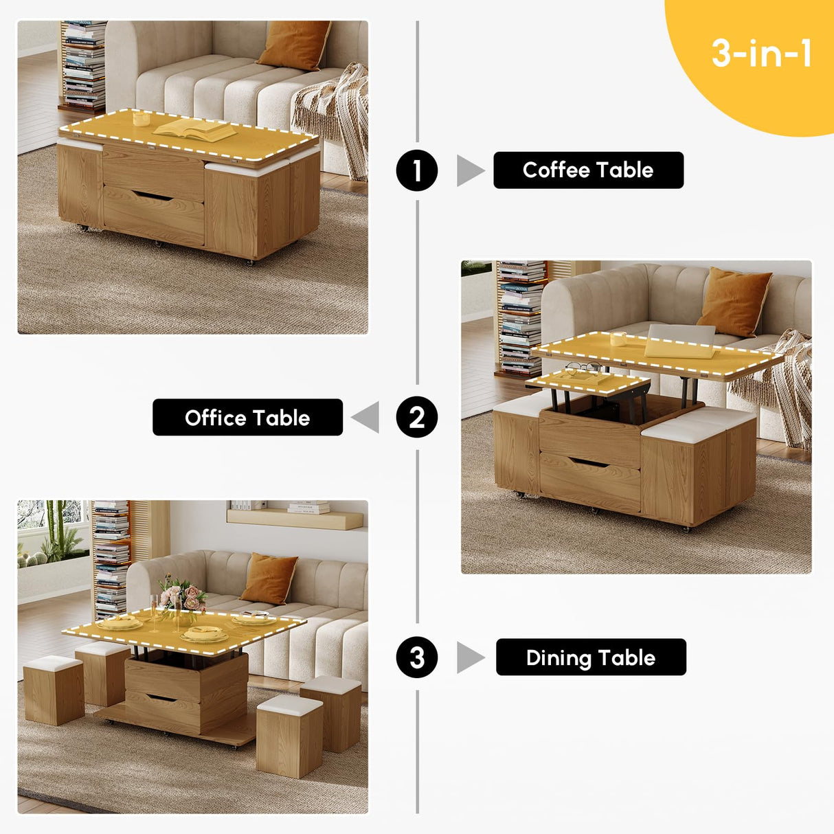 homary Natural Lift Top Coffee Table with Hidden Storage, 3 in 1 Multi-Function Modern Folding Center Table with 4 Stools and Casters homary