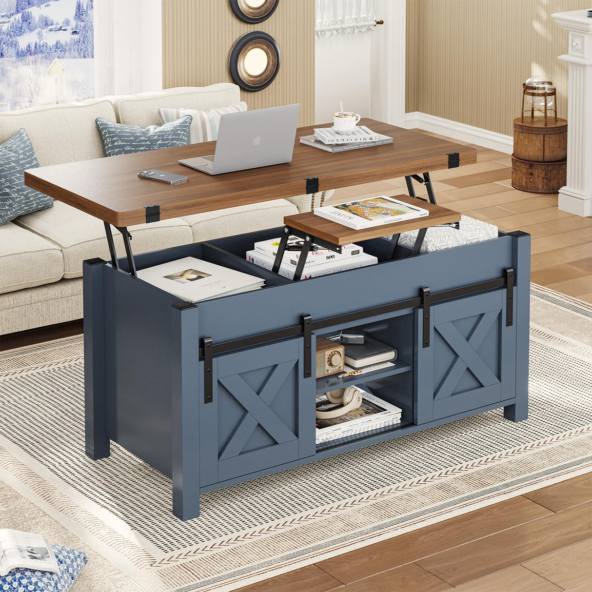 SEDETA Lift Top Coffee Table, 4 in 1 Multi-Function Convertible Coffee Tables with Storage and Hidden Compartment, Farmhouse Coffee Table Converts to Dining Table for Living Room, Blue SEDETA
