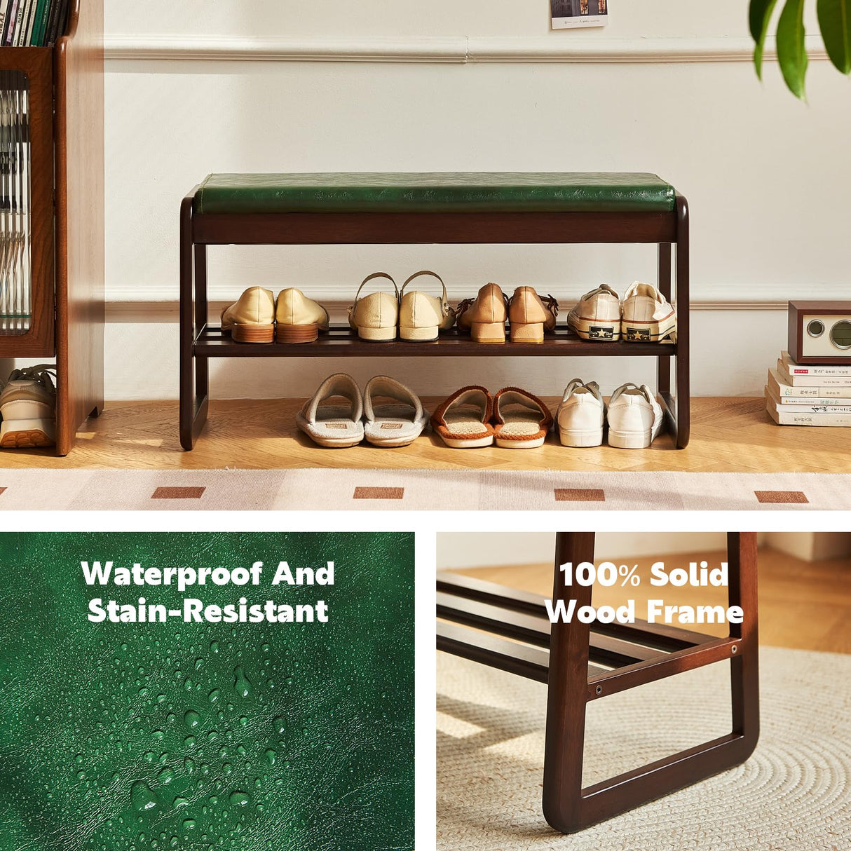 Solid Wood Shoe Bench, 2-Tier Wooden Storage Entryway Bench, Mid-Century Modern Shoe Bench Rack, End of Bed Bench with Faux Leather Cushion, Ottoman Bench for Hallway, Living Room (Walnut, 31.5'') Fetuero