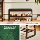 Solid Wood Shoe Bench, 2-Tier Wooden Storage Entryway Bench, Mid-Century Modern Shoe Bench Rack, End of Bed Bench with Faux Leather Cushion, Ottoman Bench for Hallway, Living Room (Walnut, 31.5'') Fetuero
