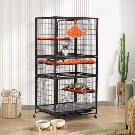 COZIVVOVV Large Cat Cage Indoor, 4-Tier Cat Enclosure Indoor with Hammock Bed, Cat Crates with 2 Ladders, Durable Wire Mesh Catios for Cats, Pet Cages for Cats with Wheels, Black COZIVVOVV