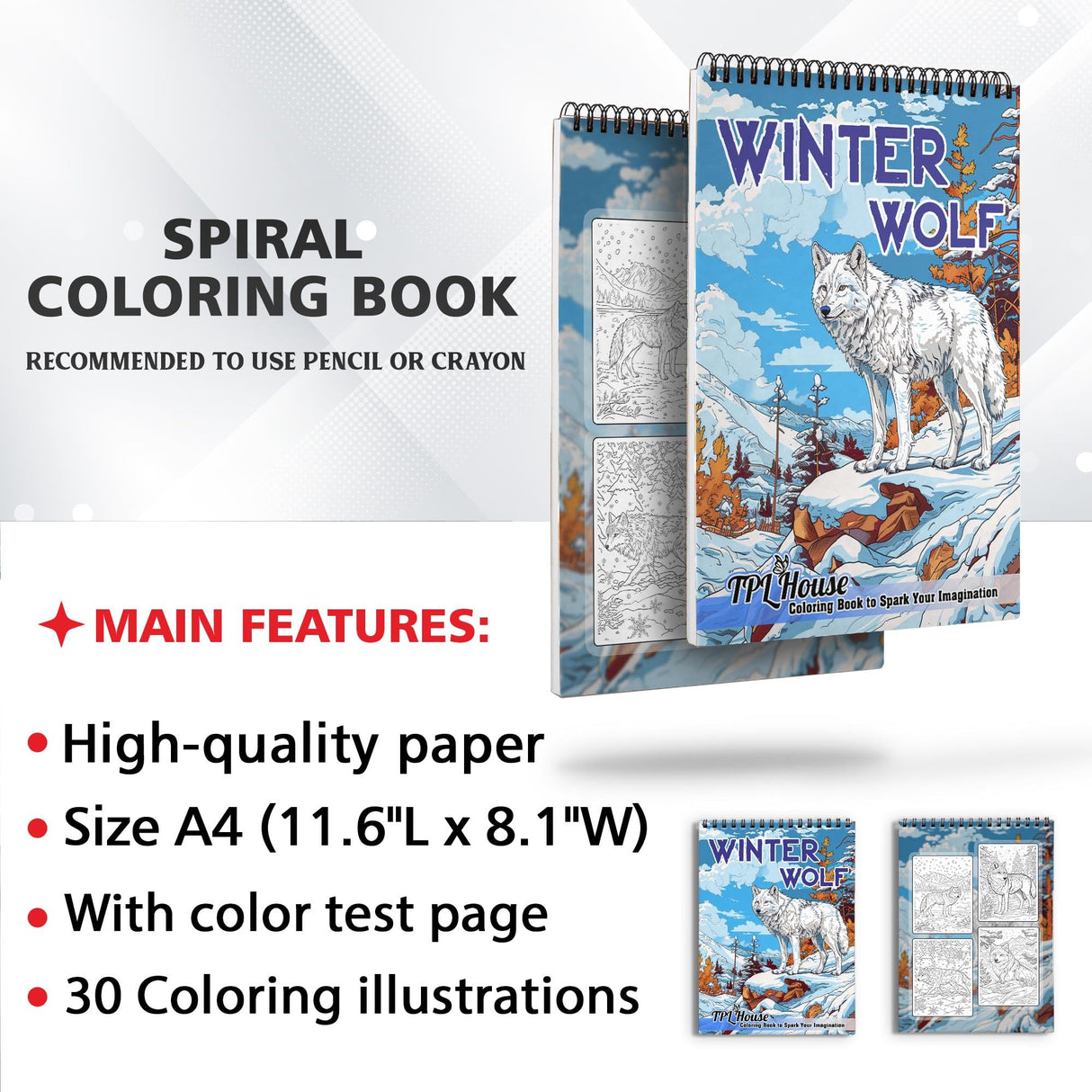 TPLHOUSE Winter Wolf Coloring Book Spiral Bound for Adults, Premium Cover, 30 Beautiful Coloring Pages of Majestic Wolves in Winter Scenes Stress Relief and Relaxation TPLHOUSE