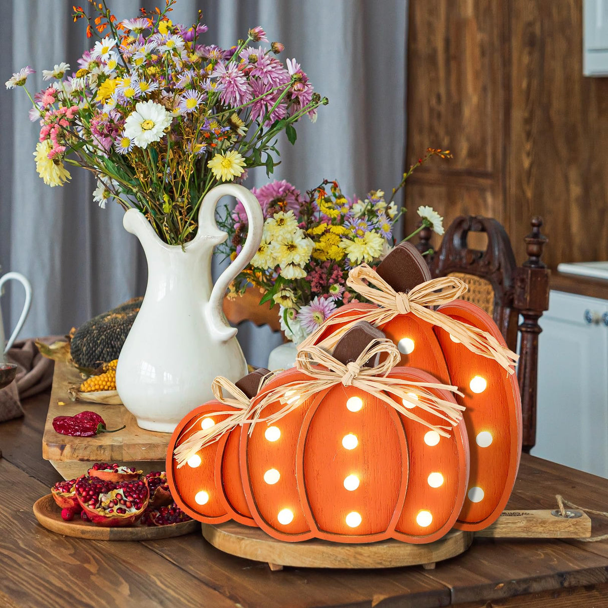 Grinsvalley 3 Pcs Light up Thanksgiving Pumpkin Decor Thanksgiving Farmhouse Pumpkins Sign Rustic Tiered Tray Decorations Table Centerpieces Standing Wooden Block Sign for Home Kitchen Halloween Grinsvalley