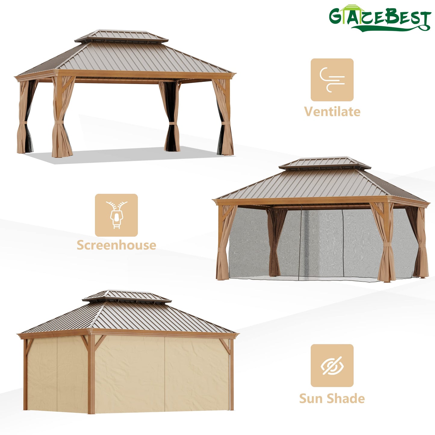 GAZEBEST 12' X 16' Hardtop Gazebo Outdoor Aluminum Patio Gazebo Double Roof Galvanized Steel Gazebo Canopy Wooden Finish Coated with Netting and Curtains,for Garden Patio,Patio Backyard,Deck and Lawns