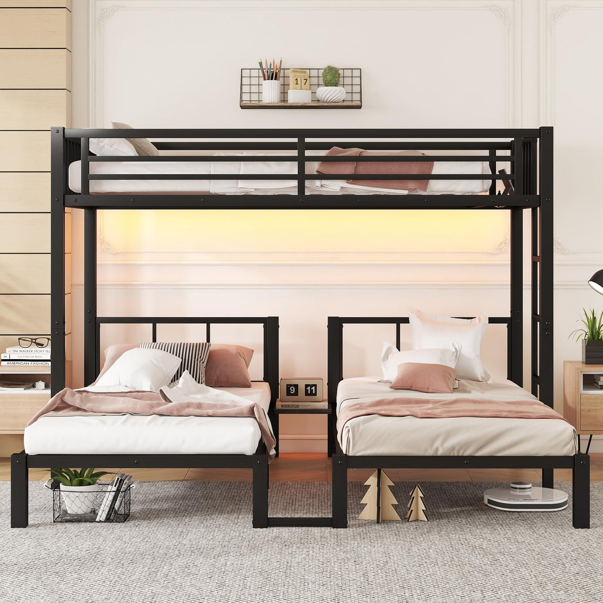 Mirightone Black Triple Bunk Bed Twin XL & Twin Over Twin, Bunk Bed with LED Light & Charging Station, Metal Detachable Bunk Beds for 3 Kids Girls Boys Teens, USB Ports & Outlets Mirightone