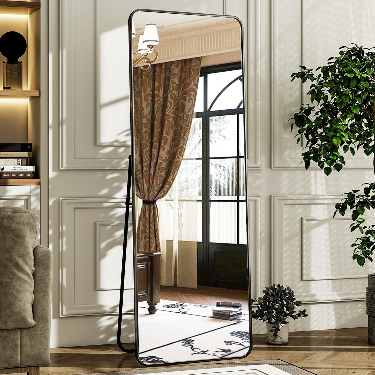 HARRITPURE 56" x 21" Rounded Full Length Mirror Aluminum Frame Black Mirror Full Length Floor Mirror with Stand for Living Room Bedroom Cloakroom HARRITPURE