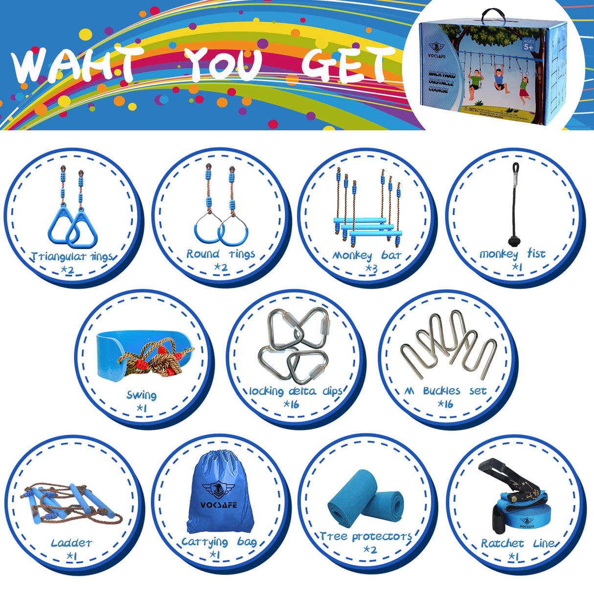 VOKSAFE Ninja Warrior Obstacle Course for Kids - Ninja Backyard Obstacle Course - 50' Weatherproof Outdoor Ninja Course Set with 10 Obstacles, Like Ladder, Swing VOKSAFE