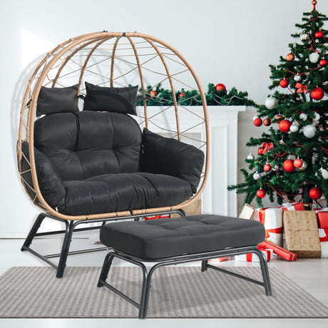 Outdoor Egg Chair Wicker- Oversized Patio Egg Chair -Outdoor Indoor Rattan Chair with Comfort Footrests,Cushions,Rocking Chair Perfect for Garden Lounging & Cozy Moments(Black) GOOEEN