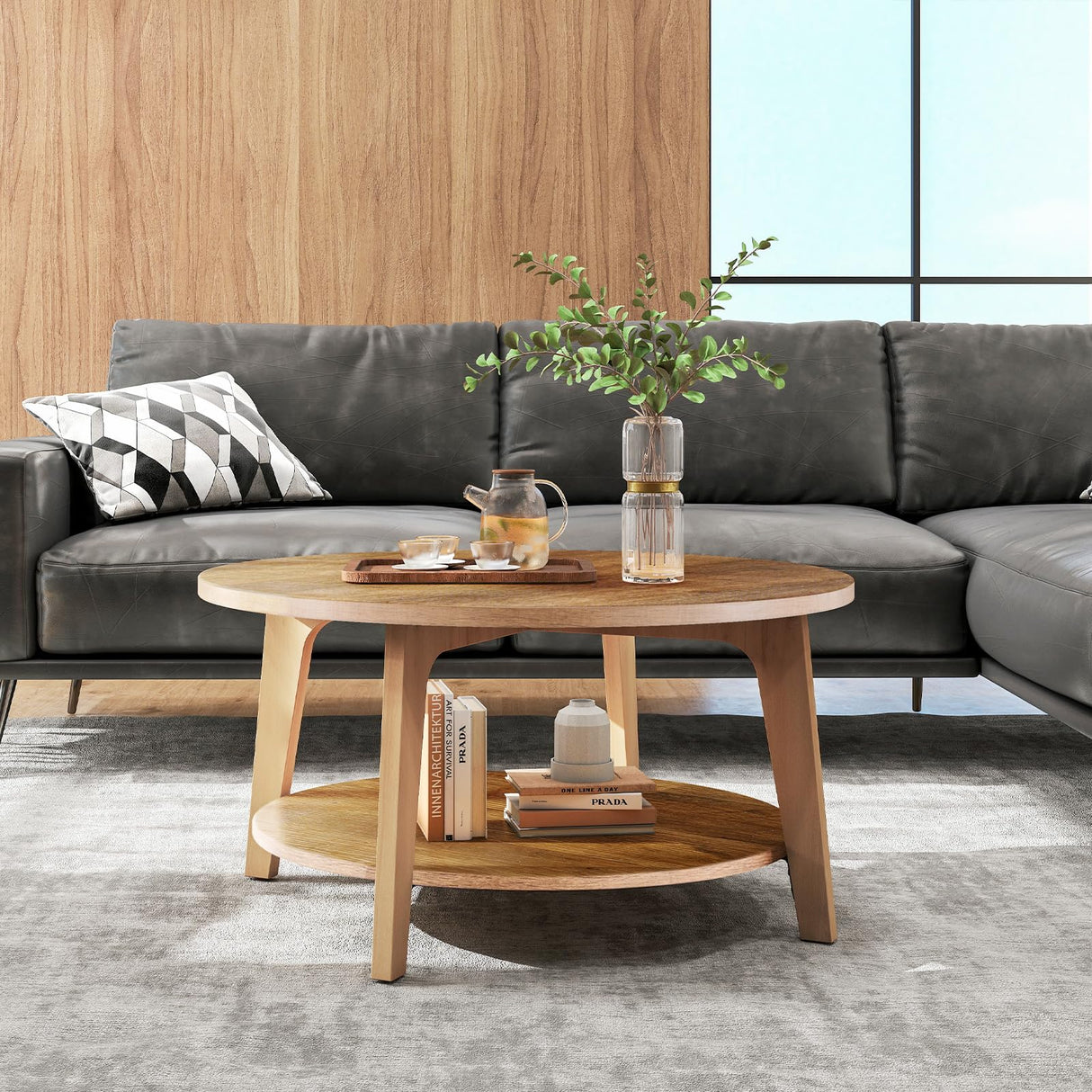 DUMOS Round Coffee Table, 32'' Wood Coffee Tables for Living Room with Storage, 2-Tier Center Circle Counter with Wooded Desktop, 50 lbs Capacity, Anti-Slip Feet, Modern Farmhouse Design, Tank DUMOS