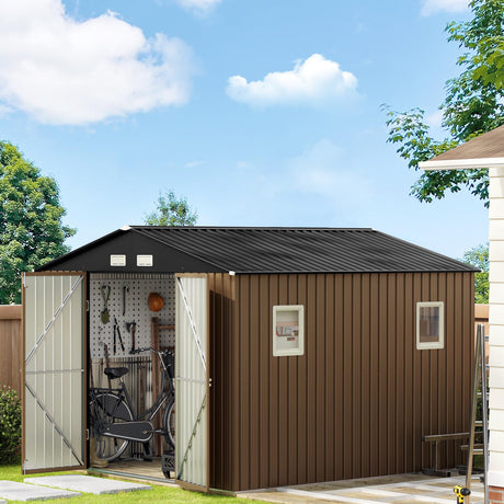10X10X7.5 FT Outdoor Steel Storage Shed with Lockable Doors, 2 Windows, Frame Floor (No Wood/Other Boards), Ideal for Garden, Backyard, Patio Storage,Brown Mistmo