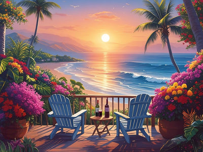 Beach Sunset Diamond Art Kits for Adults, Coconut Tree Diamond Painting Kits for Beginners, DIY 5D Full Drill Crystal Flowers Diamond Dots Gem Art Craft Home Decor 16x12 Inch