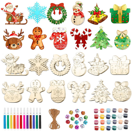 SPOKKI 108PCS Wooden Christmas Ornaments Unfinished to Paint, 12 Styles DIY Blank Wood Slices for Crafts, Christmas Tree Hanging Decorations, Holiday DIY Art Craft Kit for Kids and Adults SPOKKI